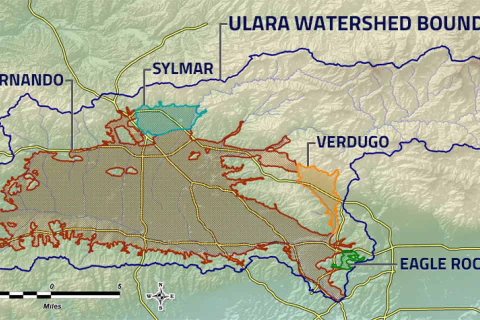 A map showing the extent of the San Fernando Valley Groundwater Basin in the northern reach of the city fo Los Angeles, along with a few other, smaller, adjacent groundwater basins.
